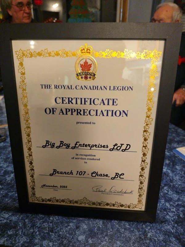 Royal Canadian Legion Branch 107 certificate of appreciation presented to Big Boy Enterprises Ltd