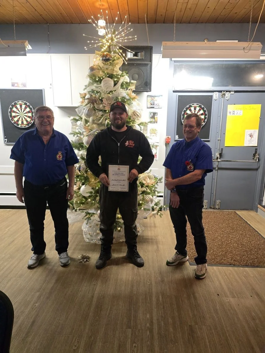 Jeff of Big Boy Enterprises receiving a certificate of appreciation at Royal Canadian Legion Branch 107 in Chase, BC