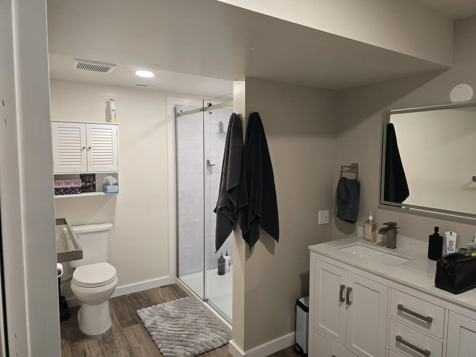 Completed bathroom renovation with new fixtures and finishes